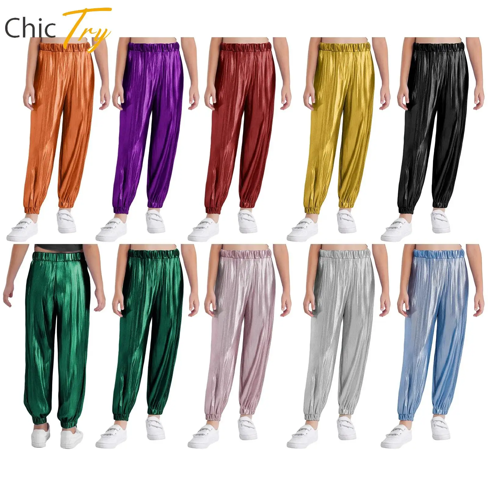 

Kid Girl Jazz Dance Stage Performance Costume Hip-hop Dancing Fashion Streetwear Elastic Waistband Metallic Shiny Ribbed Pants
