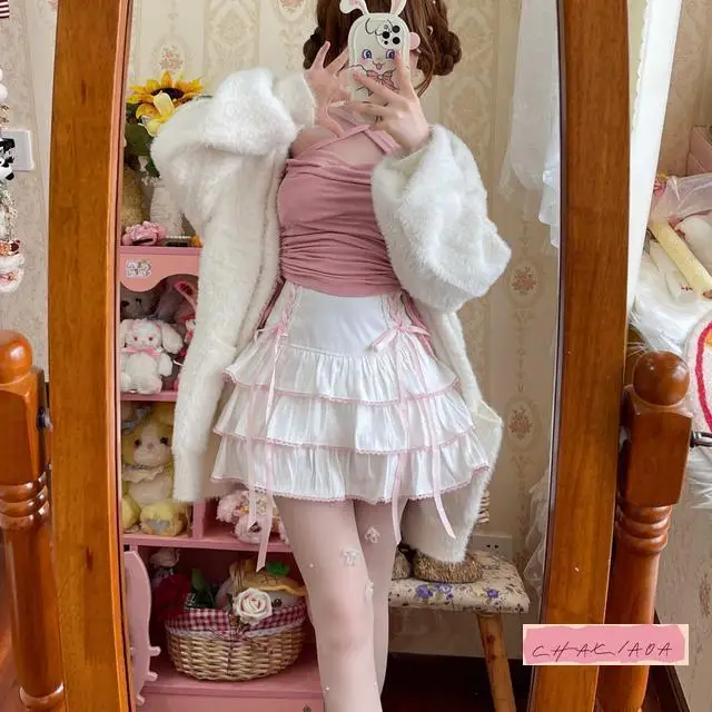 Falda japonesa dulce y suave de Lolita para mujer, falda con cordones en polvo de encaje de viento, falda de pastel en capas con lazo de cintura alta, multicolor