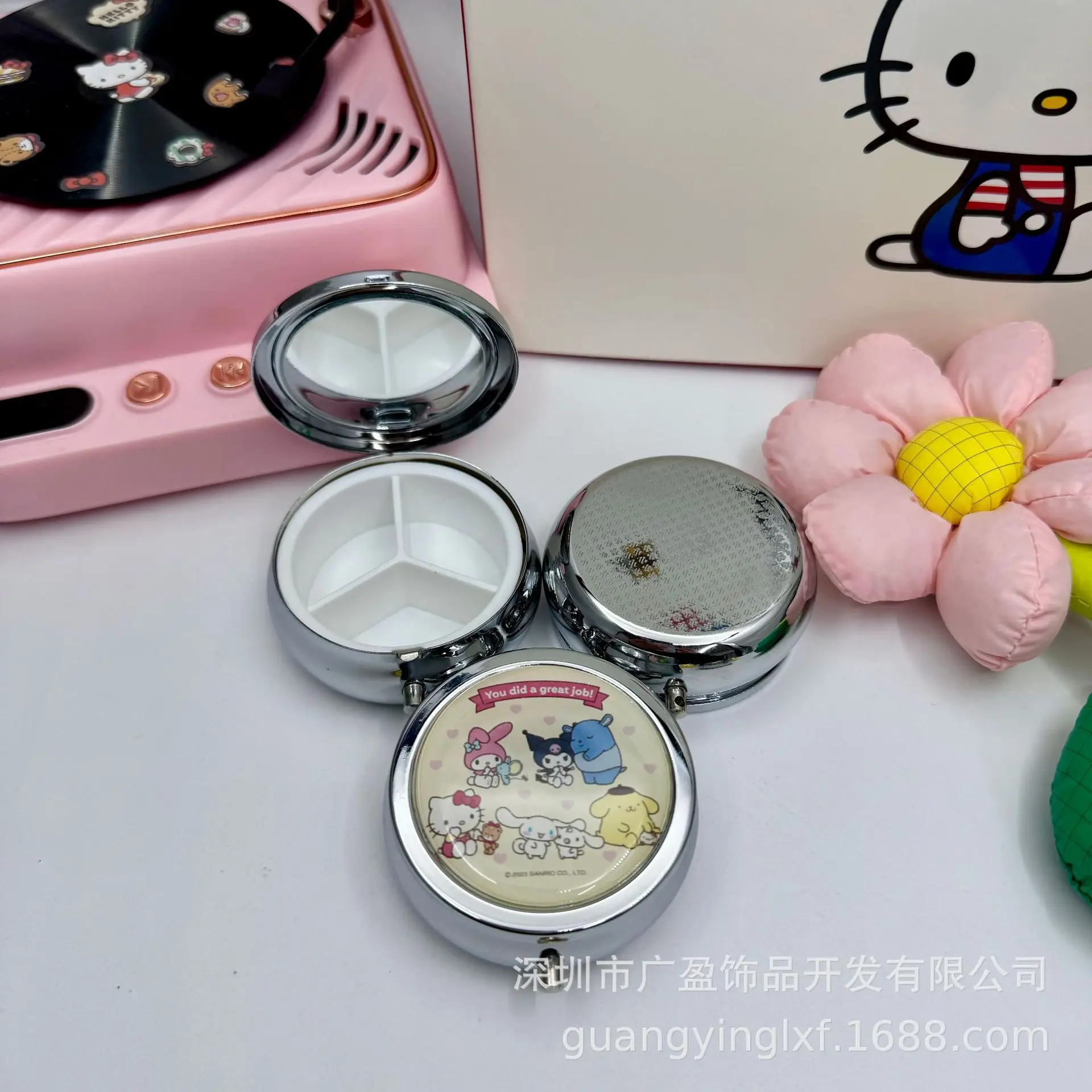 New Miniso Hello Kitty Storage Box Travel Portability Food Grade Material Pill Box Cartoon Desktop Jewelry Box Cosmetic Mirror