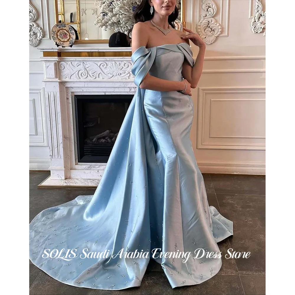 

SOLIS Light Blue Party Dress Off the Shoulder Evening Dresses Wrap Hips فساتين السهرة Modest Gala Dress Customized