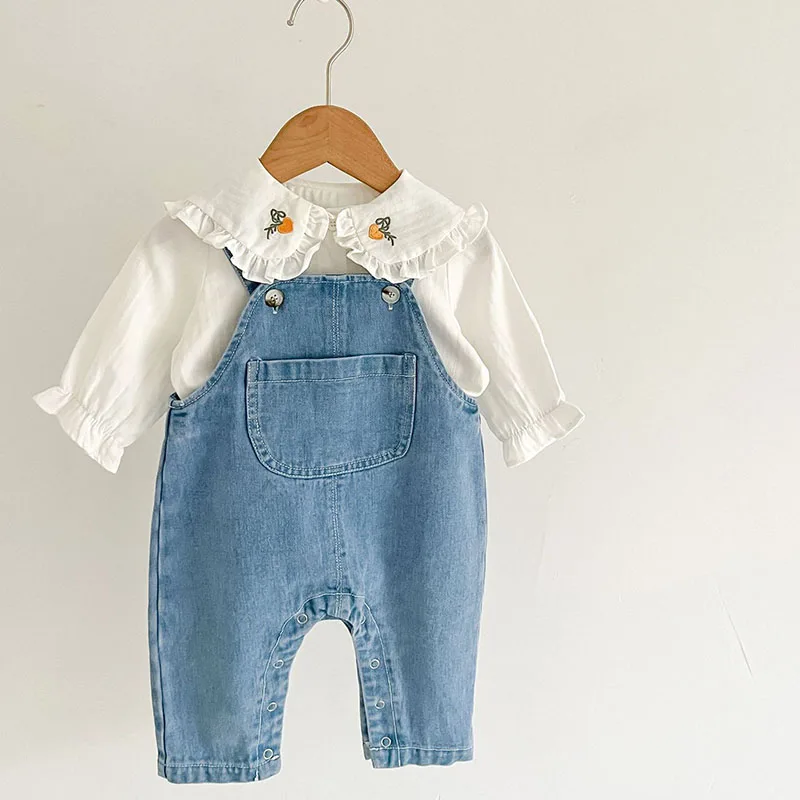 Çocuk giyim Suit bebek bebek kız giyim seti uzun kollu işlemeli gömlek + Denim tulum sonbahar bahar elbise takım