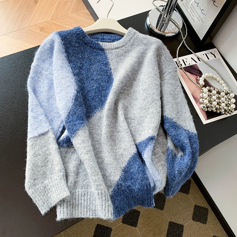 

Синий женский свитер Lu ey, зима 2025 г., уникальный красивый ленивый сле, 00% чистая шерсть, высококачественный моющийся топ