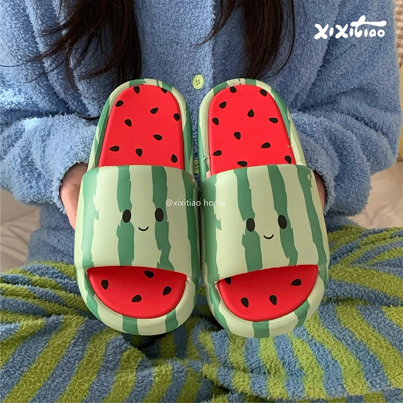 XIXITIAO Summer Cute Platform Slippers for Women Fashion Cartoon Watermelon EVA Soft Indoor Outdoor Anti-slip Sandals Home Shoes