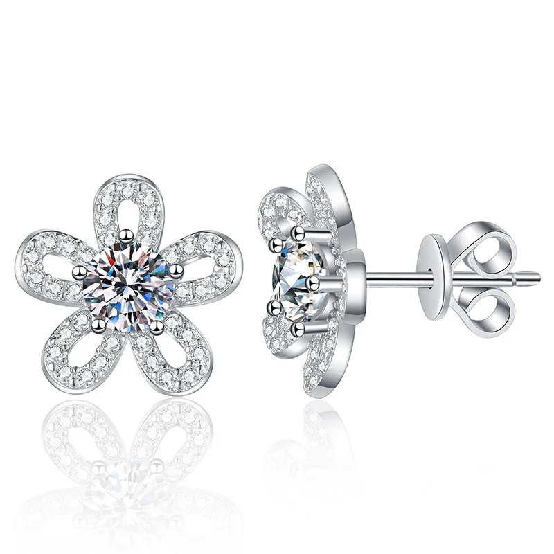 

D VVS1 серьги-гвоздики с цветочным муассанитом для женщин, классические серьги из стерлингового серебра 925 пробы с подарочными ювелирными изделиями GRA