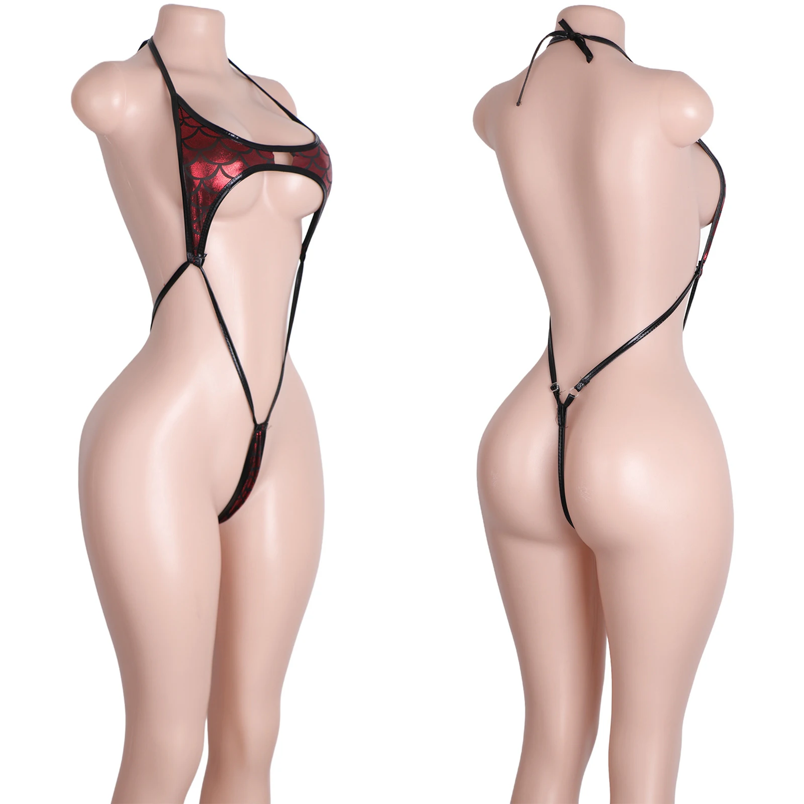 Designer Exotic Dancewear Jumpsuit Adjustable Lace-Up Fish Scale Pattern Thong Inserts Fashionable Shiny Performance Wear