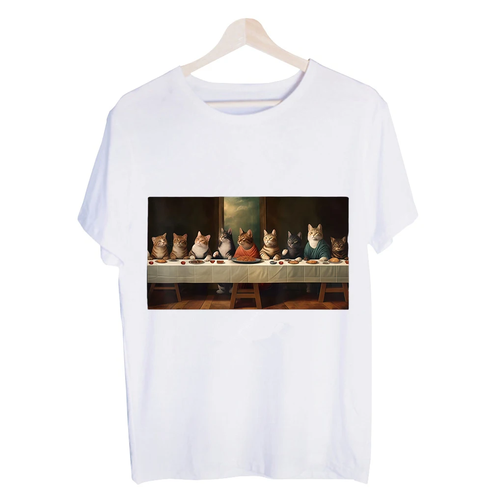 Men's Cat Group Table Scene Graphic Tee, Short Sleeve Crew Neck T-Shirt for Casual Daily Wear and Animal Lover Outfits