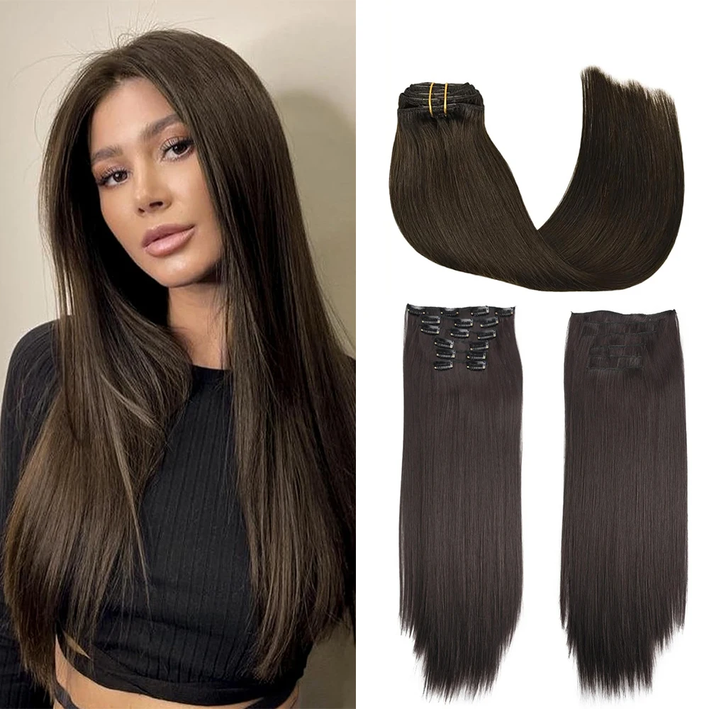 Grampo-em extensões do cabelo para mulheres, nenhum emaranhamento, nenhum derramamento, invisível, natural, reto, sem emenda, 24in, 6 unid