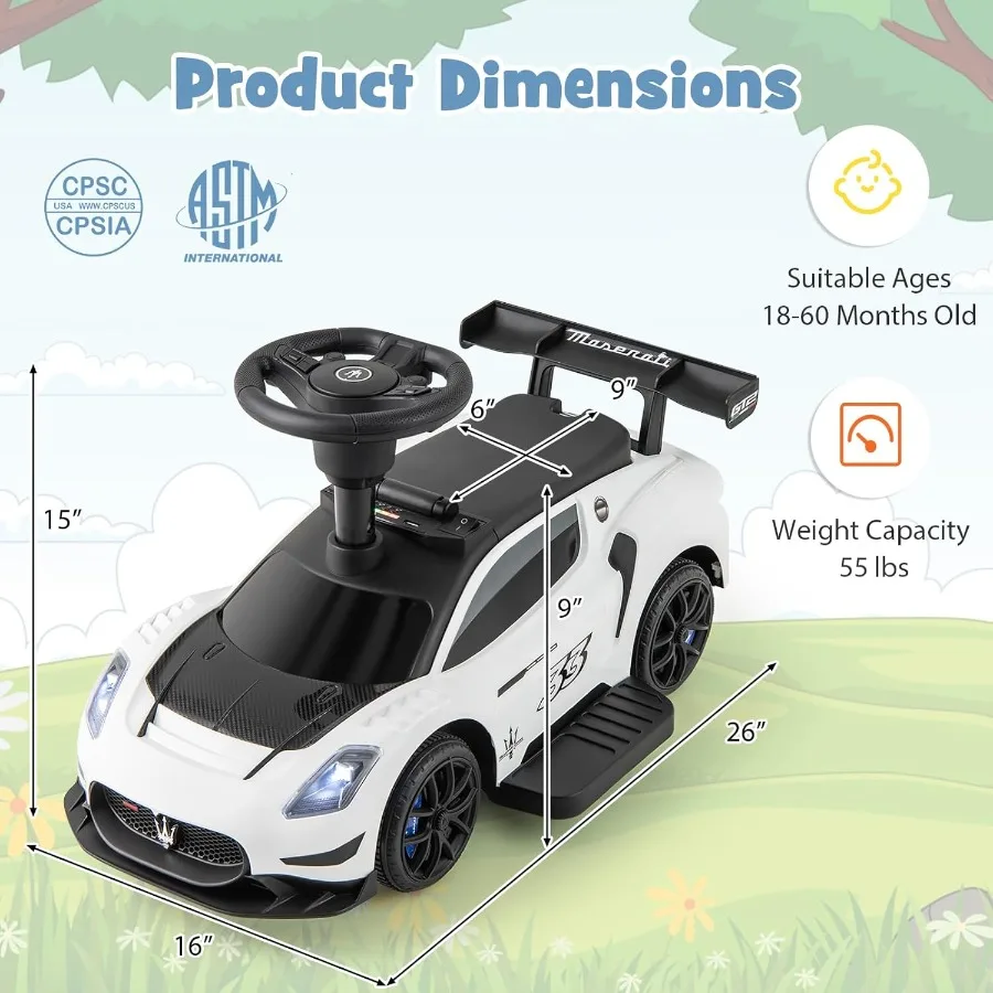 Samochodzik elektryczny dla maluchów Maserati z licencją, 6V, z klaksonem, muzyką, światłami i schowkiem pod siedzeniem, zasilany bateryjnie, do pchania.
