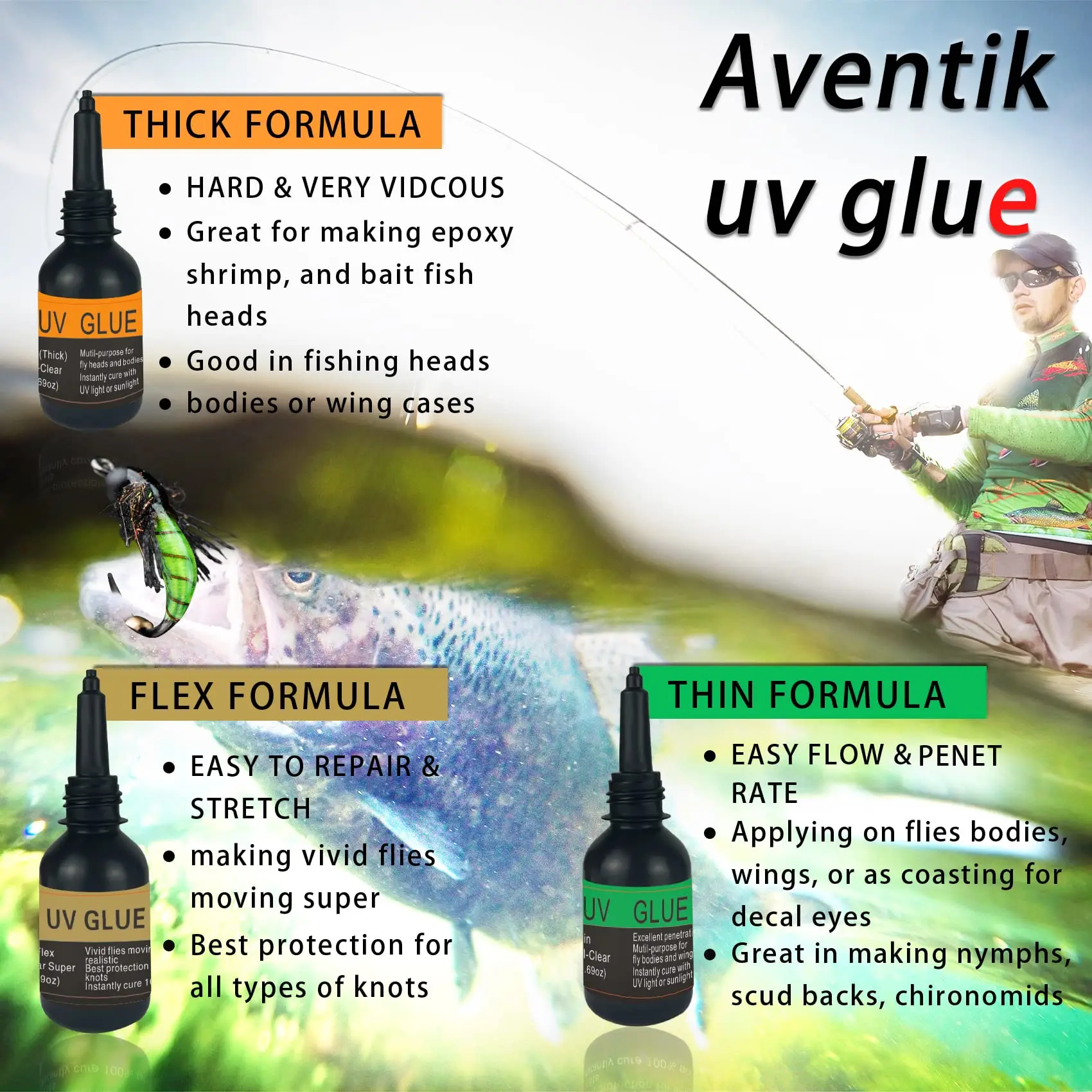 Aventik Fly Fishing Fly Tying UV Glue Clear Combo Tool Kit with 395nm Zoom-able UV Pen for Building Flies Flies Heads Bodies Ect