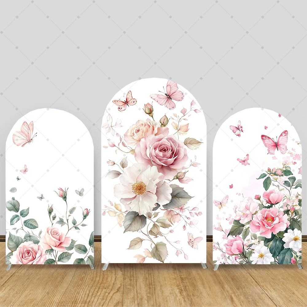 

Custom 2-Sided Blooms Floral Butterfly Pink Girls Birthday Party Baby Shower Covers Arch Wall Background Decor Backdrop
