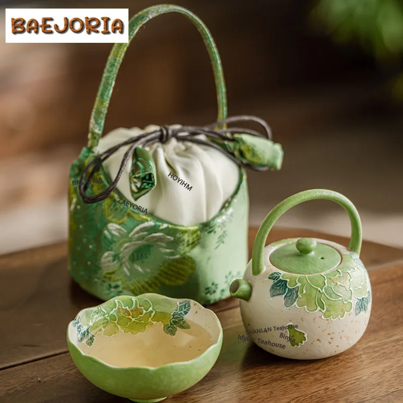 BAEJORIA Hand Painted Peony Travel Tea Set Kit Handmade 1 Pot 1 Cups Tea Maker Organizer Portable Picnic Handbag Craft Ornaments