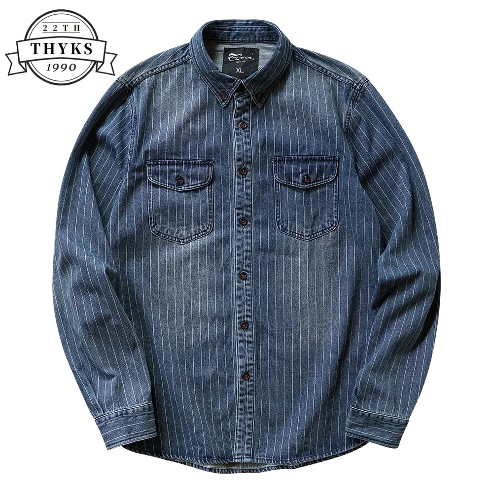 

Vintage Striped Denim Shirt Mens Cotton Washed Slim Fit Long Sleeve Tooling Shirts Casual Fashion Amekaji Coat Ropa Para Hombre