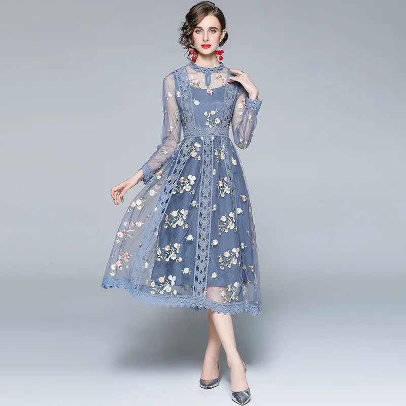 

New Elegant Embroidered Mesh Blue Dresses Spring Women Long Sleeved Lace Long Dress Autumn High Waist Knee Length Loose Dress