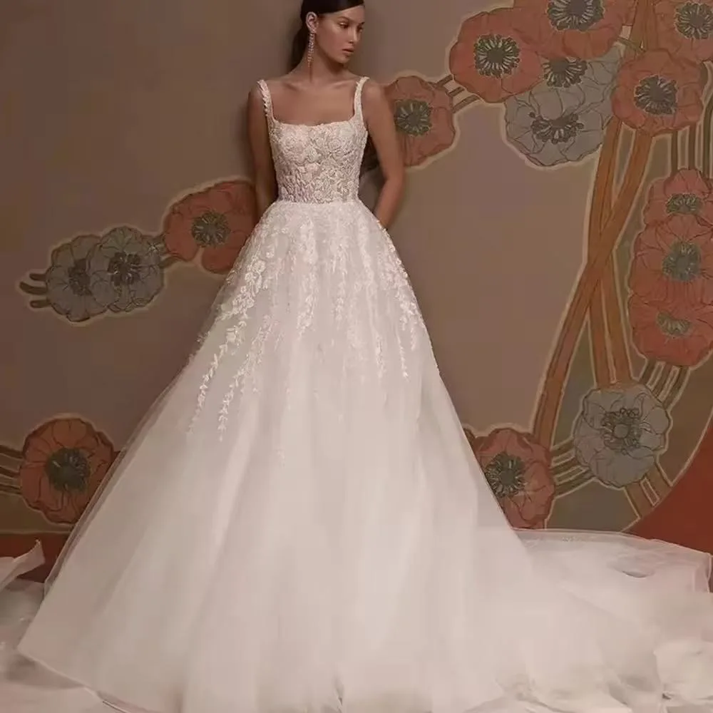 

Customized Classic Square Collar Sleeveless Wedding Dresses Tulle Bridal Gowns Lace Appliques Robes Vestidos De Novia