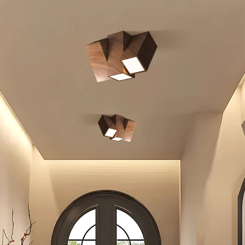 Retro Walnut LED Ceiling Lights Creative Art Hallway Aisle Entrance Bedroom Balcony Interior Minimalist Home Decor Lamps Fixture