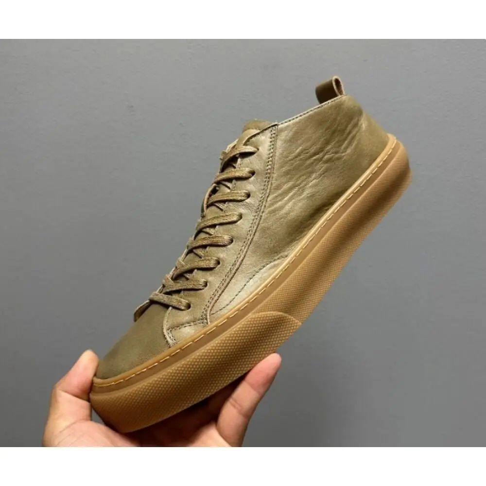 Army Green Burnished Leather Mid-top Casual Sneakers, with matching laces and gum sole