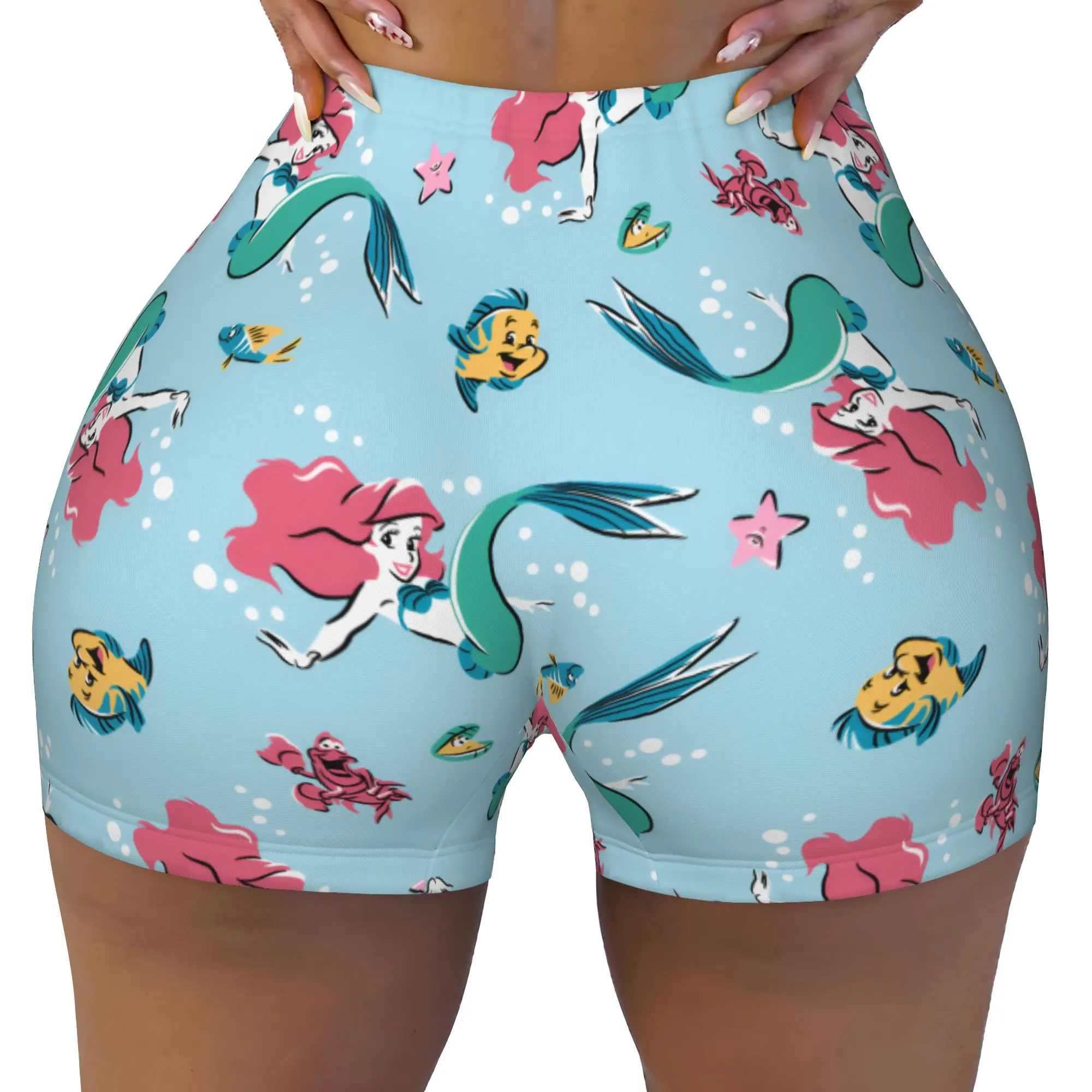 Custom Littles Anime Mermaides Workout Shorts Women's Fish Manga Gym Volleyball Running Yoga Shorts