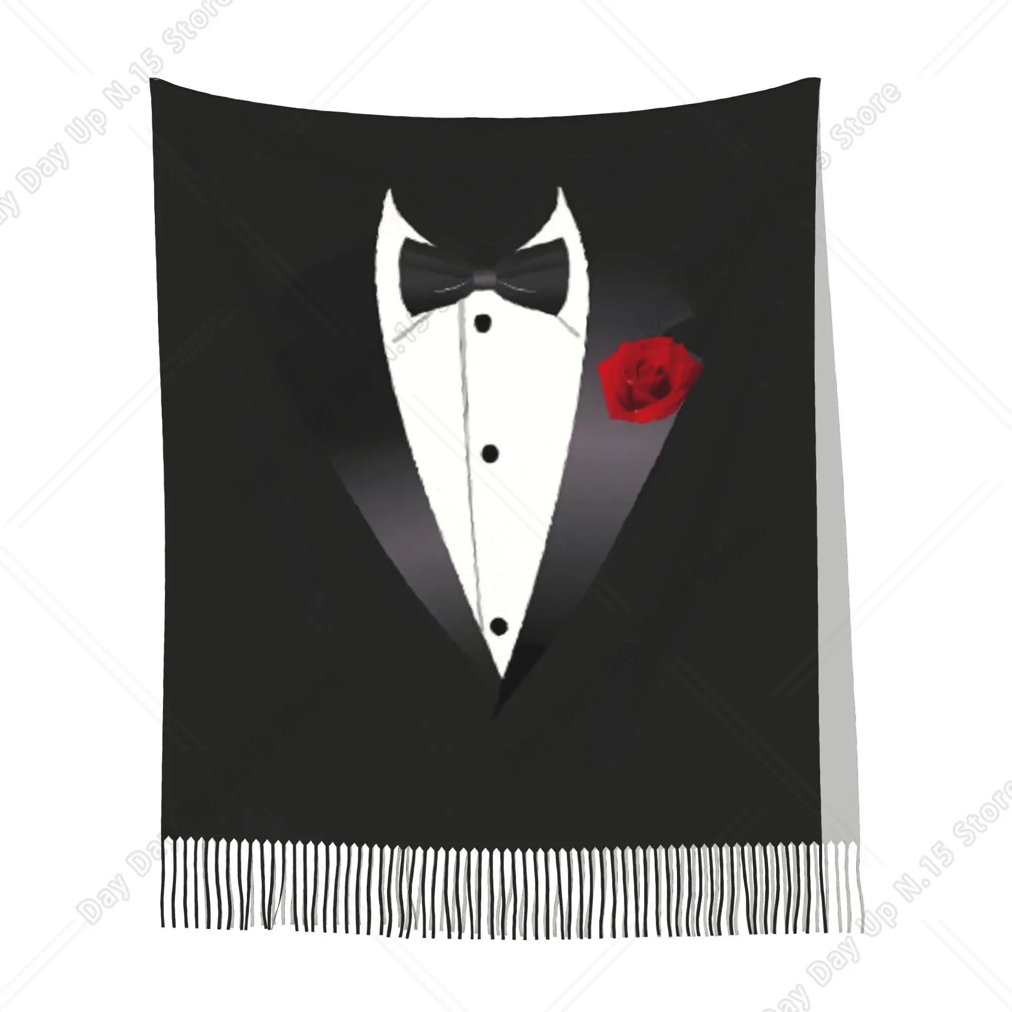 Men Formal Suit Bow Tie Red Rose Print Tassel Scarf Elegant Wedding Party Warm Shawl