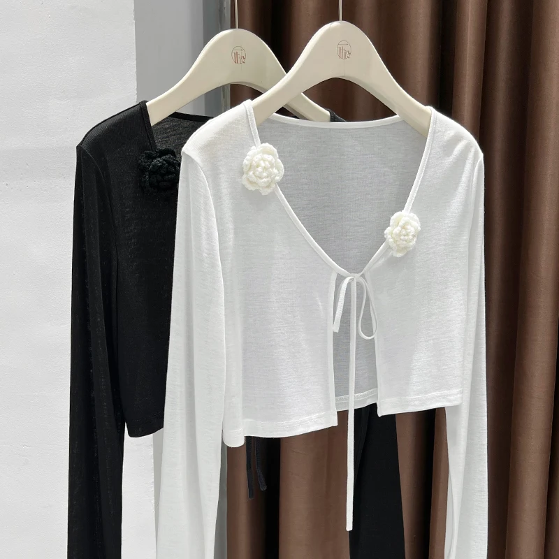

Knitted cardigan women 2025 spring new design three-dimensional flower coat with suspender skirt short outer shawl