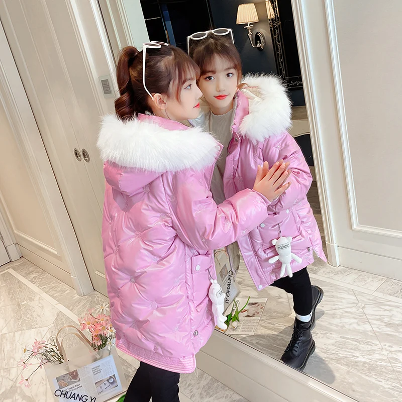 Children's winter down jacket 2022 Thickened girls' hooded coat imitation fur large fur collar long sleeve warm boys' coat cheap