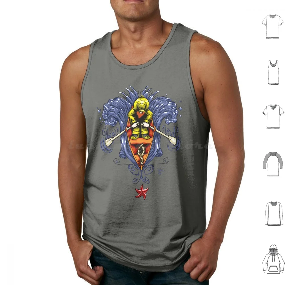 Hombrecito en el barco camisetas sin mangas chaleco sin mangas barco lancha de remos hombre pequeño barco estrella de mar rebanador marinero capitán marítimo