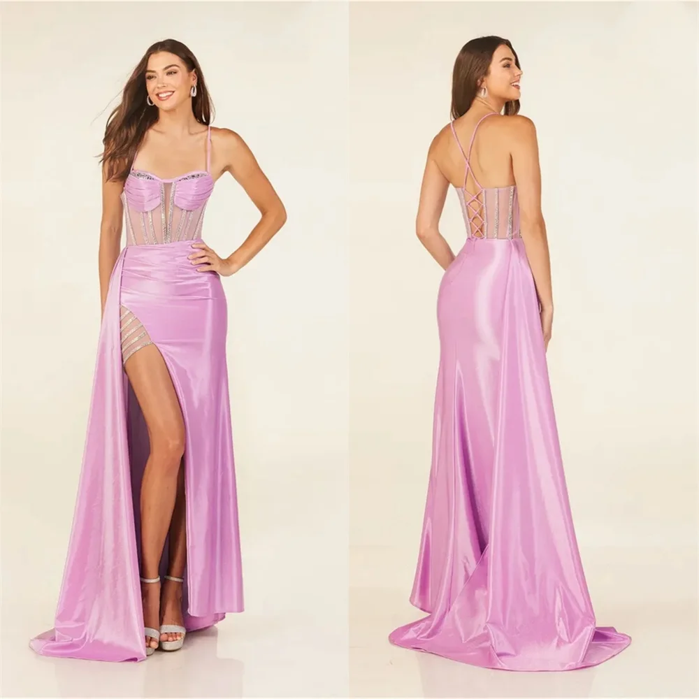 

Pink Mermaid Prom Dresses Elegant Sweetheart Sleeveless Evening Gowns Beading Ceremony Sequined Customized Slit Party Gowns