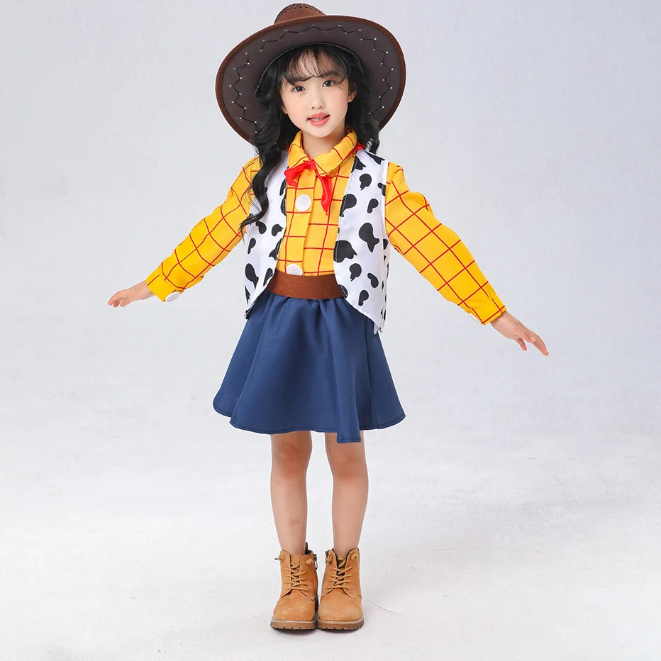 6Pcs Set 2026 Cowgirl Suit Toy Party Movie Cosplay Woody Costume Play Long Sleeve Plaid Shirt+Vest+Skirt+Cowboy Hat+Belt+Scarf