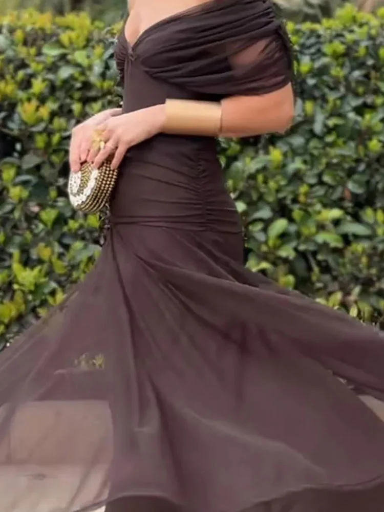 Womens Sexy Chest Wrapping Mesh Draped Party Dress Spring Solid High Waist Slim Hem Long Dress Summer Backless Hollow Boho Dress