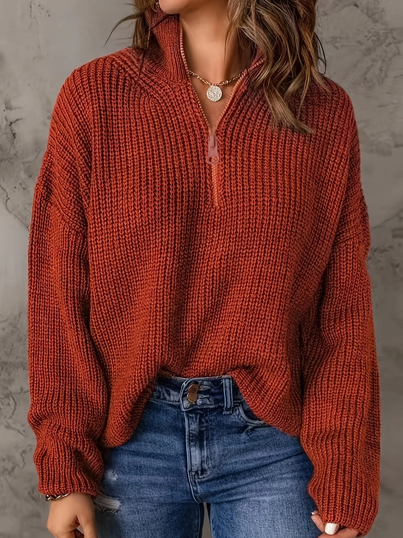 Vintage red sweater half-zipper lapel minimalist style solid color design all-in-one knitted sweater autumn and winter women\'s w