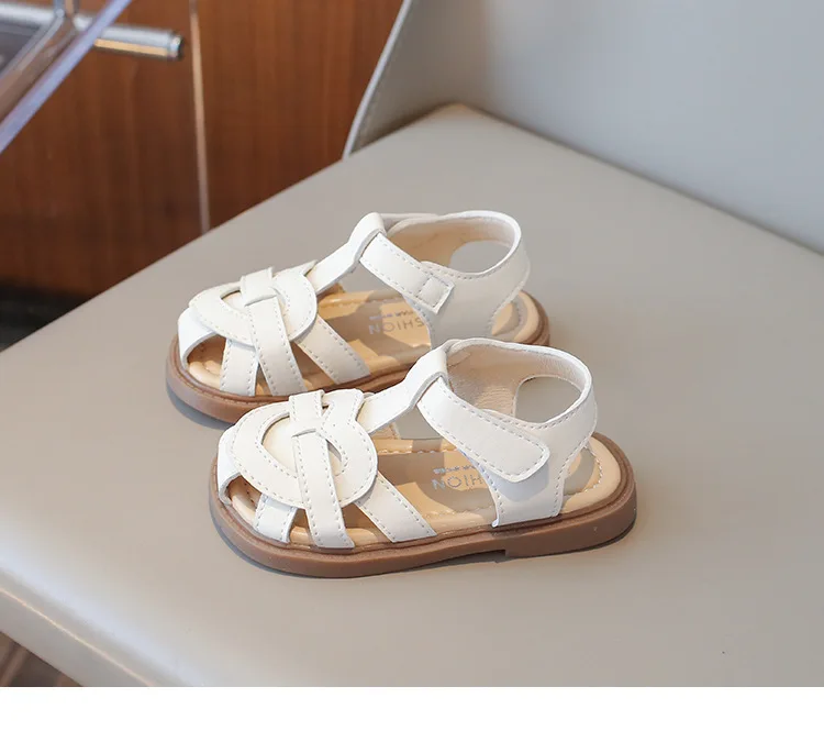 Summer Girl's Sandals Hollow-out Cover Toe Floral Kids Sliders White Pink Sweet Pu Leather Toddler Hook-loop Children Slippers