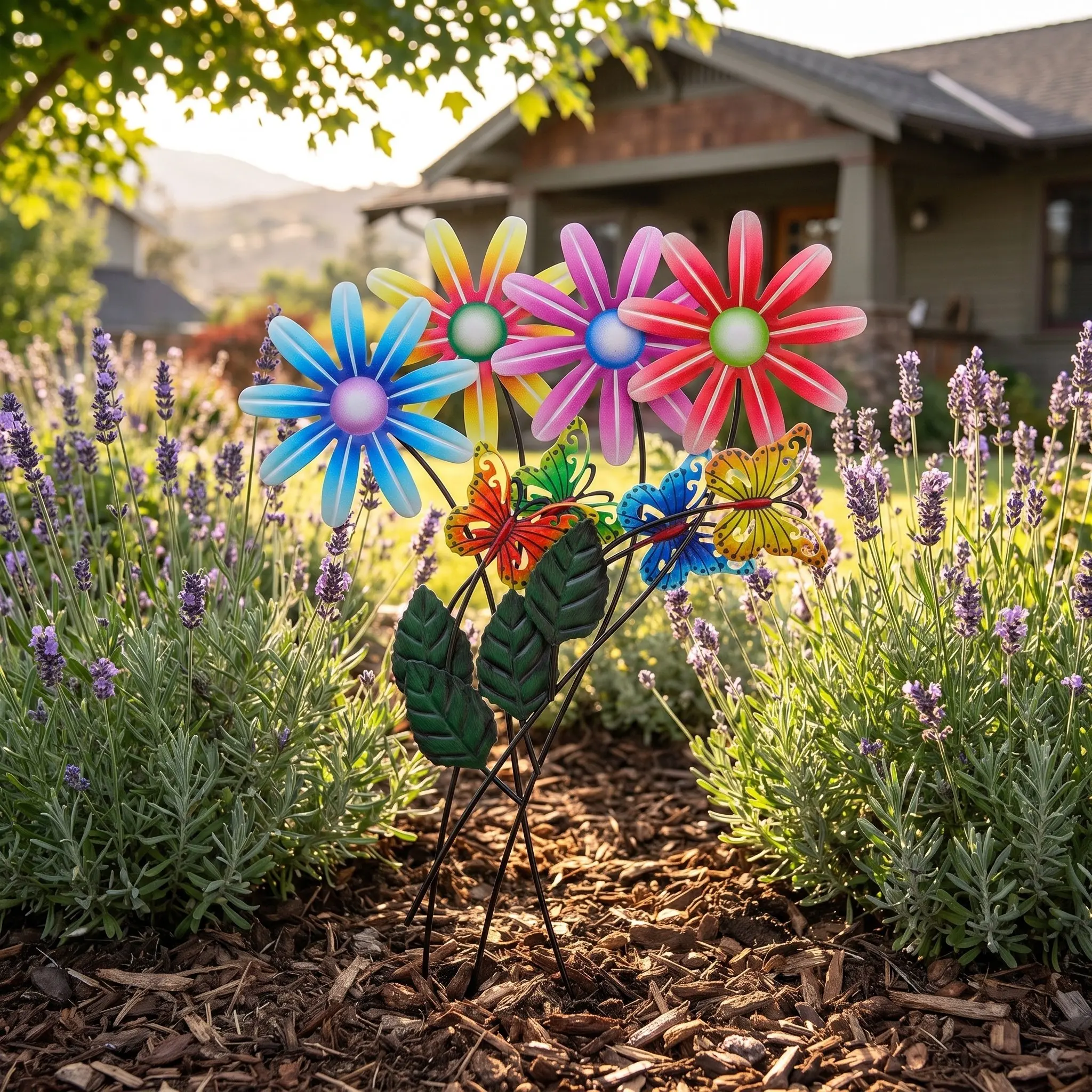 4 pcs Garden Stakes Lawn Yard Outdoor Halloween Christmas New Year Metal Butterfly Iron Colorful Weatherproof Flower Bed