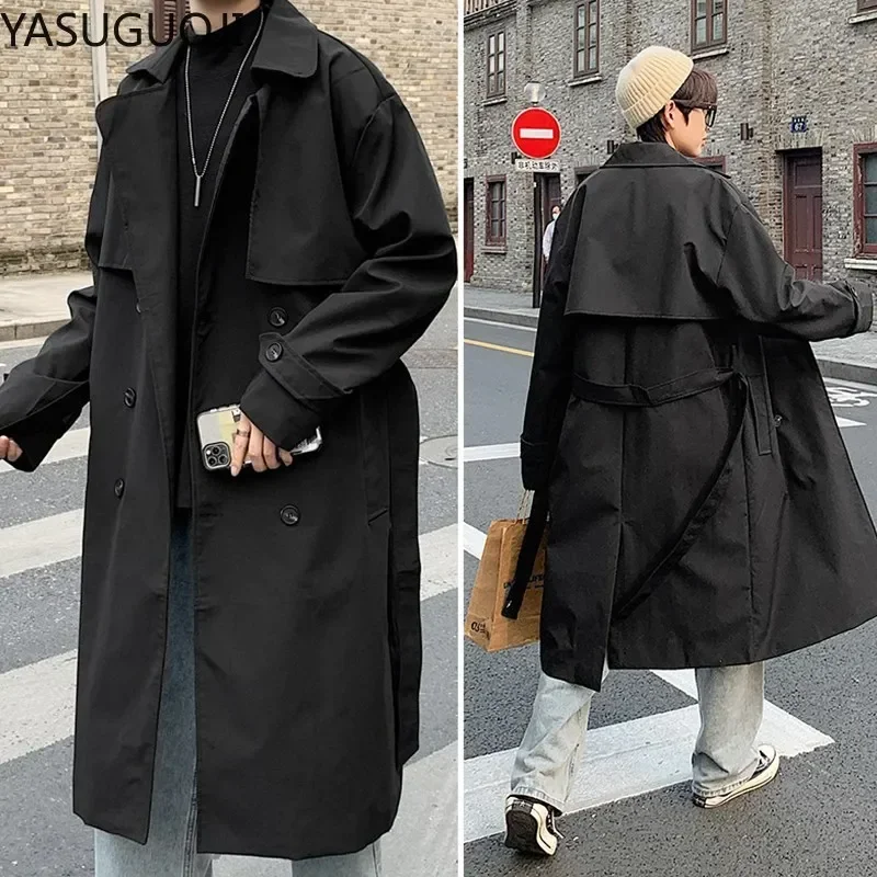 Korean Fashion Loose Double Breasted Trench Coat Men Casual Overcoat Men's Windbreakers Solid Color Long Jacket with Belt Tops