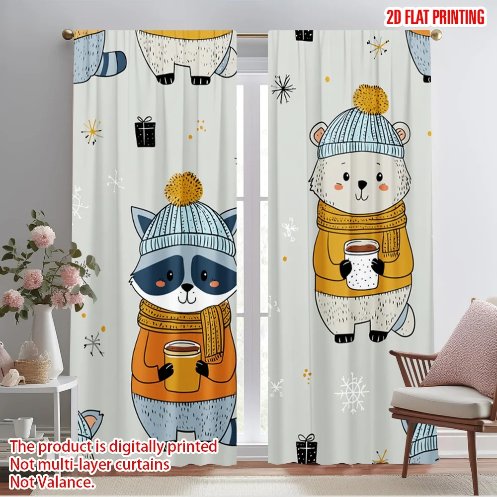 

2pcs 2D flat printing Window Curtains Cute Animal Winter 100% Polyester Without Electricity Party Decorations Use for Photo