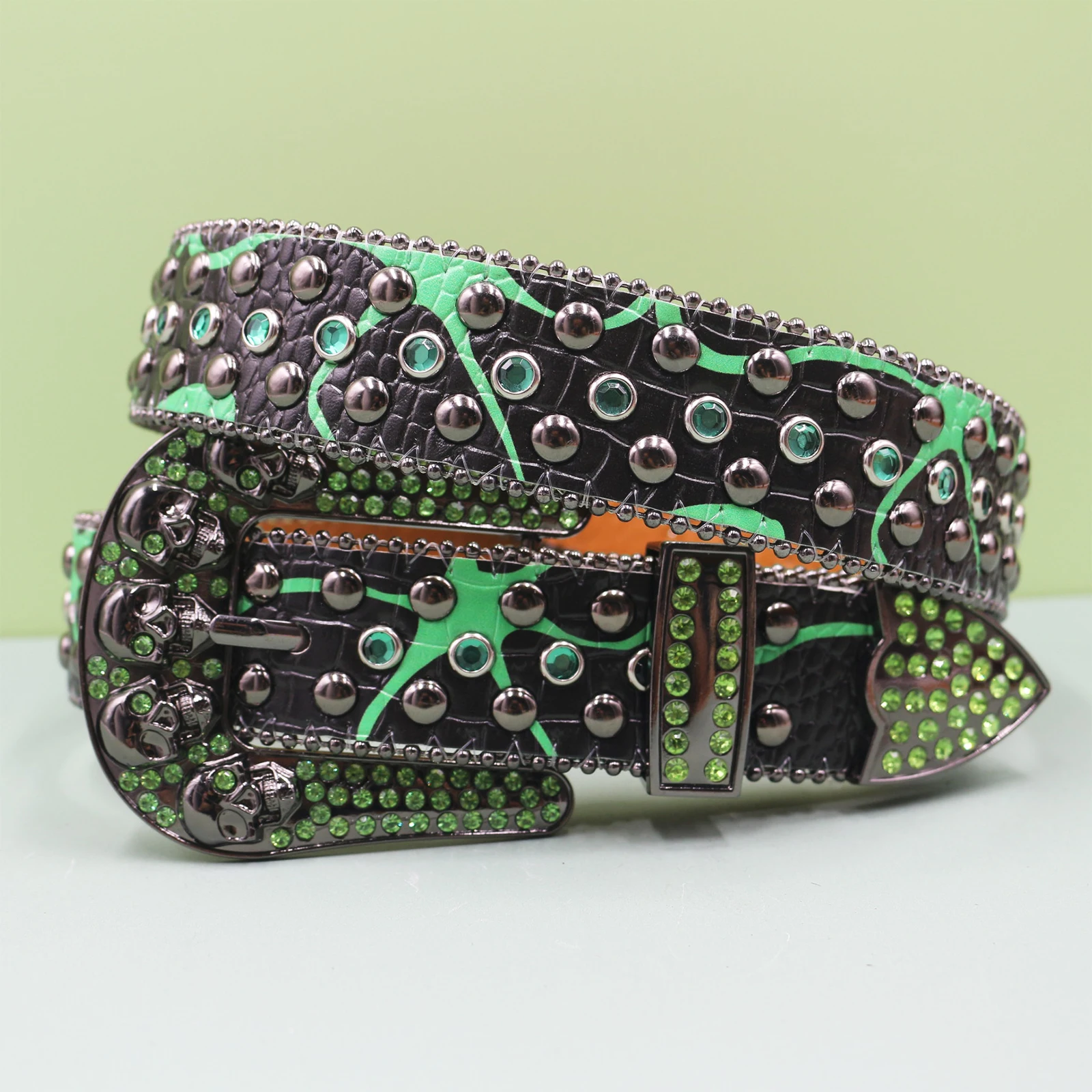 New Colorful Diamond skull  Men's Belt Fashionable Belt Buckle Rotating Button with Multiple Colors Diamond Belt