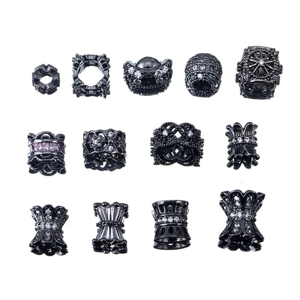 1pcs Gun Black Hollow Big Hole Barrel Beads Spacers Round Zircon Design Spacer Beads Fit Bracelet Charm Findings Jewelry Making
