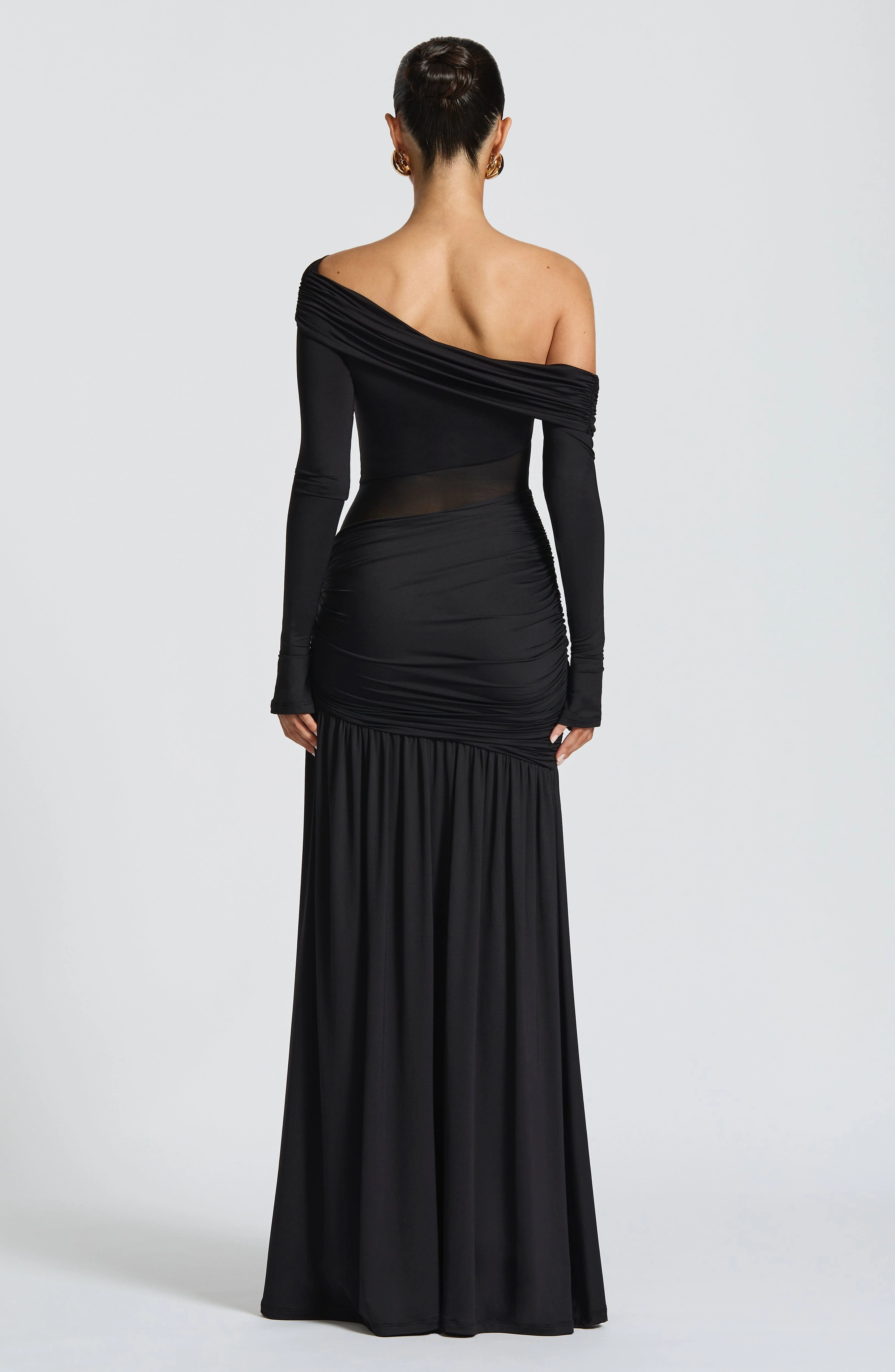 Women Black Off Shoulder Maxi Dress Long Sleeve Mesh Patchwork Ruched High Split Bodycon Evening Party Club Formal Long Gown