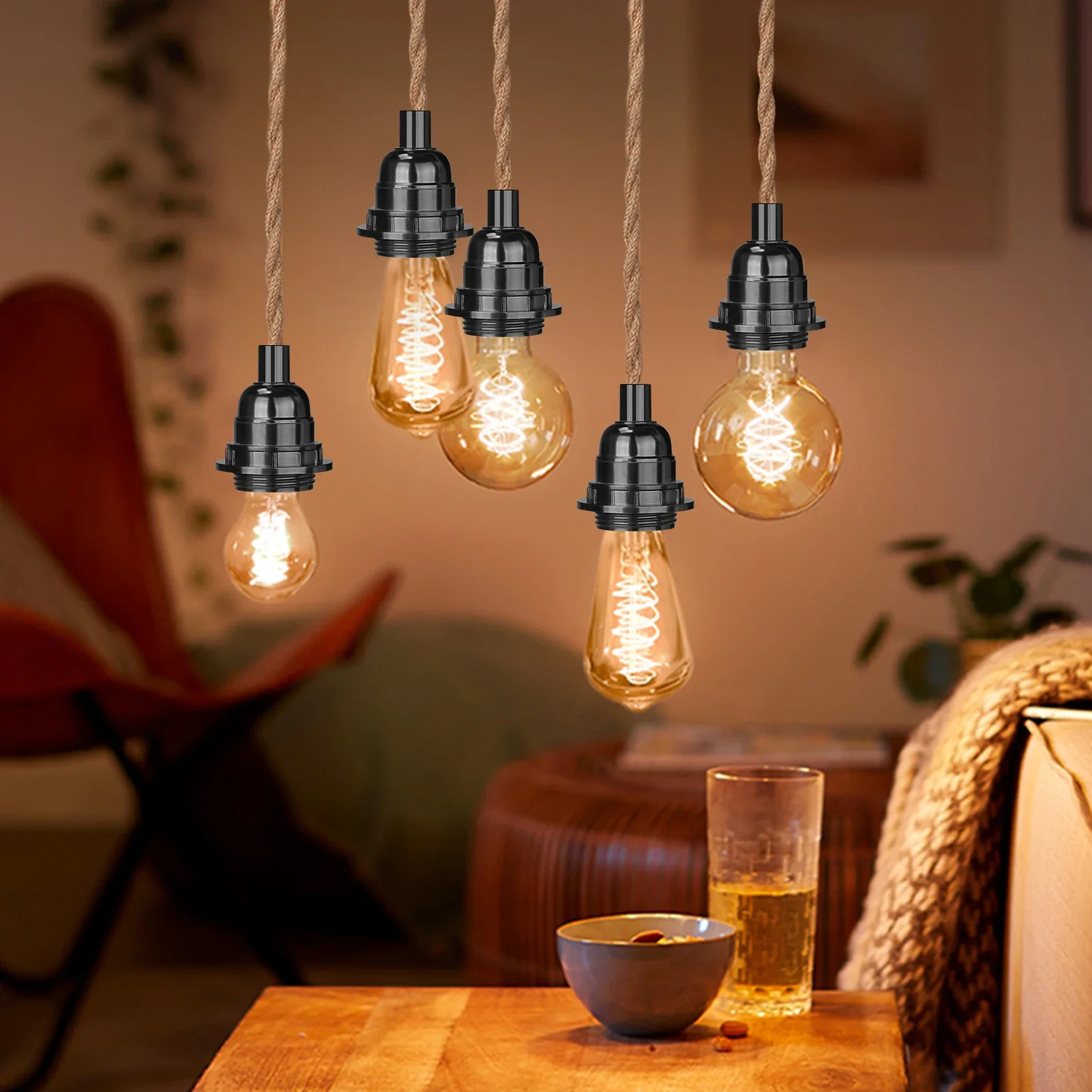 2.5m-6.7m Hanging Pendant Light Kit with Switch Plug Socket E27 Compatible Vintage Farmhouse Lamp Hemp Rope Cable Rustic Decor