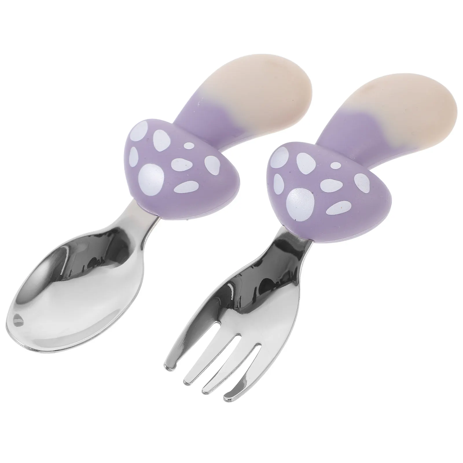 

1Set Mushroom Shape Silicone Stainless Steel Toddler Short Handle Spoon Fork Set for Baby Independent Eating Training Feeding