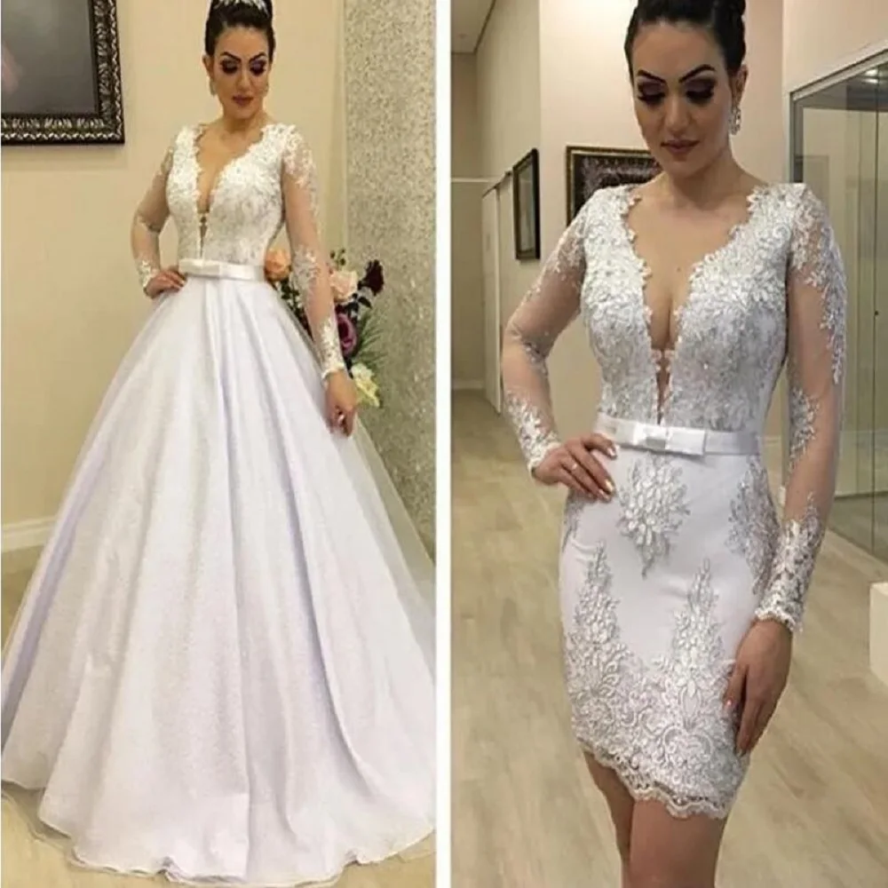 

ZJ9338 Little White Dress Lace Wedding Dresses 2 in 1 Sheath Beach Garden Bride Detachable Two Piece Wedding Dress