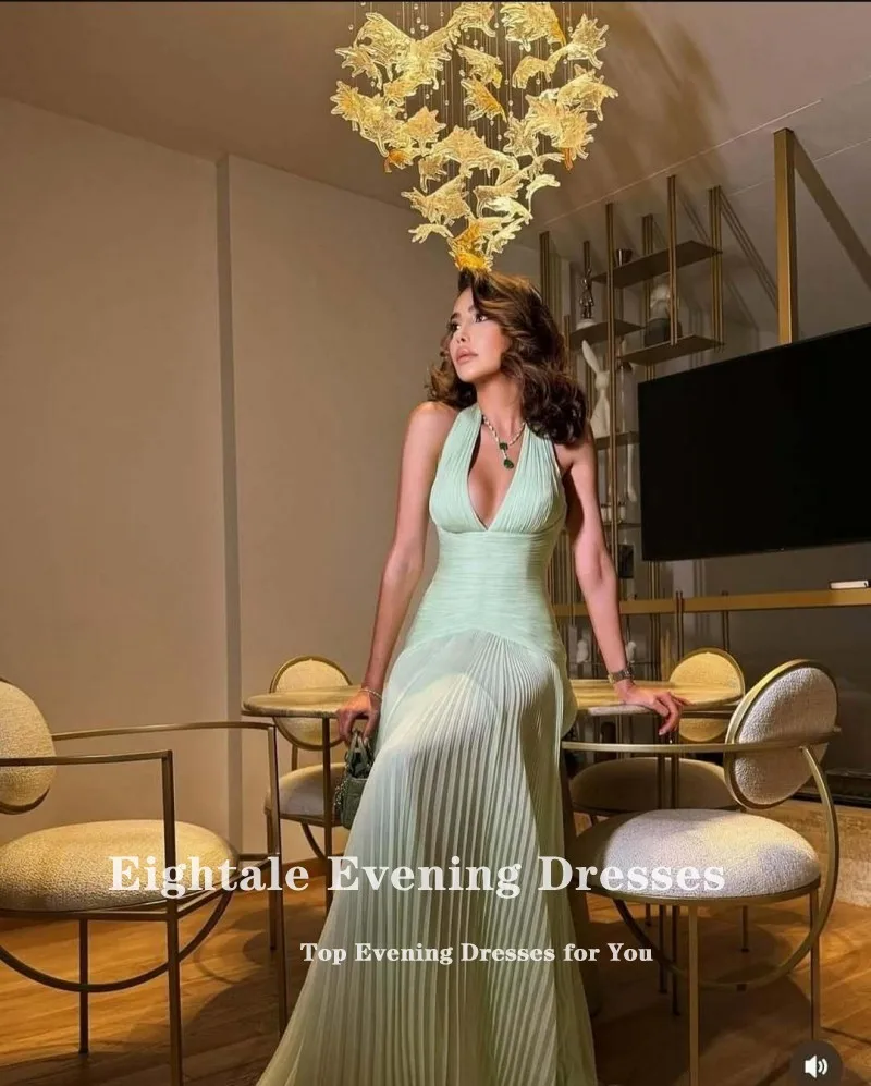 Eightale-vestido de noche árabe con pliegues Halter, Espalda descubierta, corte en A, gasa personalizada, largo hasta el suelo, vestido de fiesta de boda y graduación