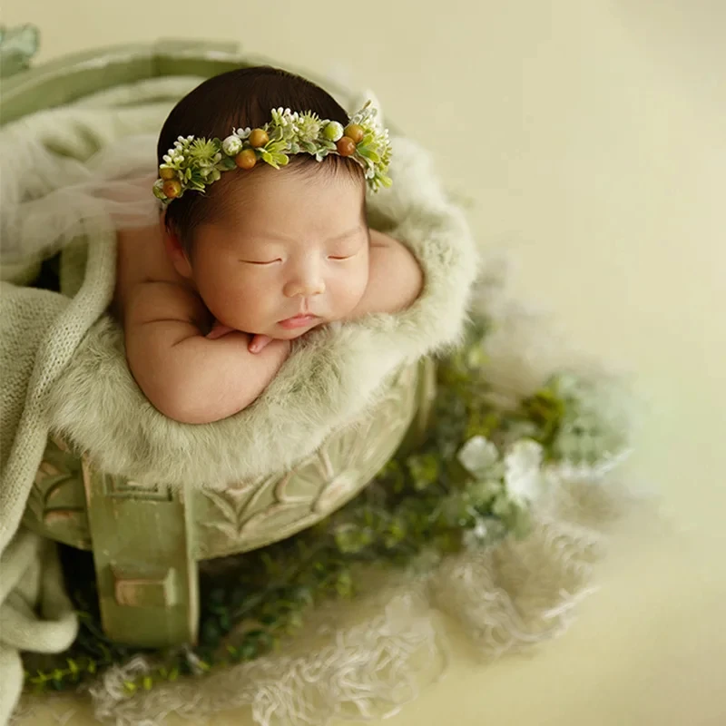 Alat peraga fotografi bayi, gaya segar hijau, ikat kepala dapat disesuaikan, selimut kelinci lembut latar belakang Studio, aksesori pemotretan foto