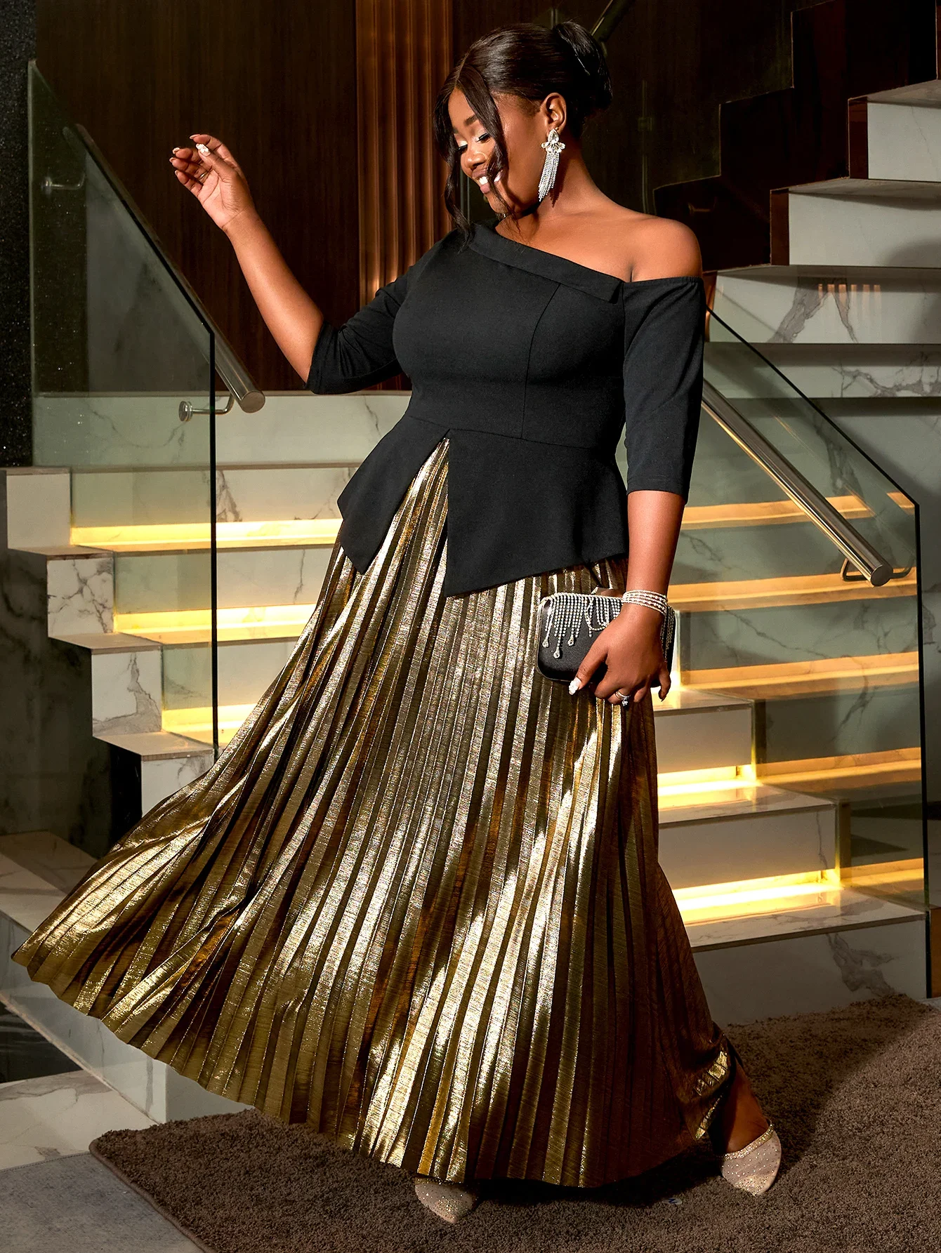 Classic A-line Women's Long Skirt Two Piece Set Solid Color Off Shoulder Split Top Folded Gold Gloss Half Skirt Plus Size Set