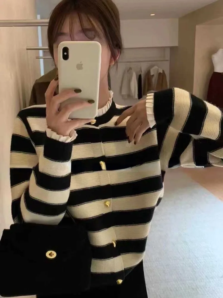 Deeptown Korean Style Striped Knit Cardigans Elegant Youthful Woman Office Wears Sweaters Vintage Classic Female Outerwears