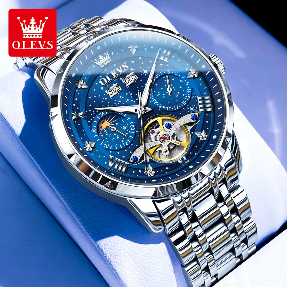 

OLEVS Blue Starry Sky Watch Men Luxury Brand Flywheel Skeleton Waterproof Multifunctional Chronograph Automatic Mechanical Watch