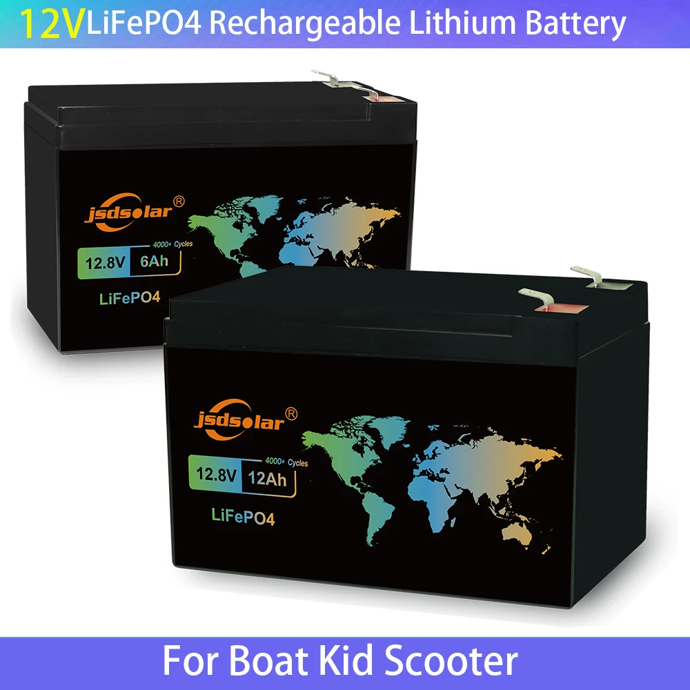 6Ah/12Ah 12V LiFePO4 Battery Pack Built-in BMS 4000+ Deep Cycles Rechargeable Lithium Battery For Boat Kid Scooter