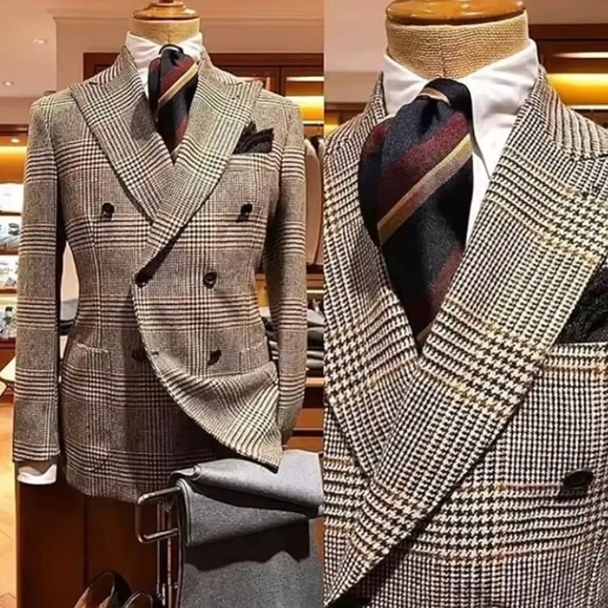

Formal Men's Jacket Houndstooth Woolen Brown Blazer with Peak Lapel Casual Wedding Business Party Coat for Autumn Winter