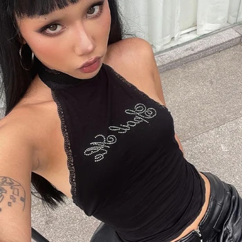 Lygens Halter Rhinestone Diampnds Dantel Backless Kolsuz Kadın Üstleri Tişörtleri Y2K Toptan Rahat Katı Moda Giyim