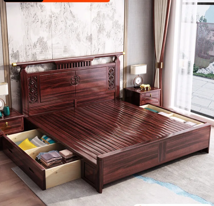 

Новая китайская кровать из массива дерева, двуспальная кровать из черного дерева, 1,8 метра, 2 метра, большая кровать для брака, высота 1,5 м, ящик для хранения, главная спальня