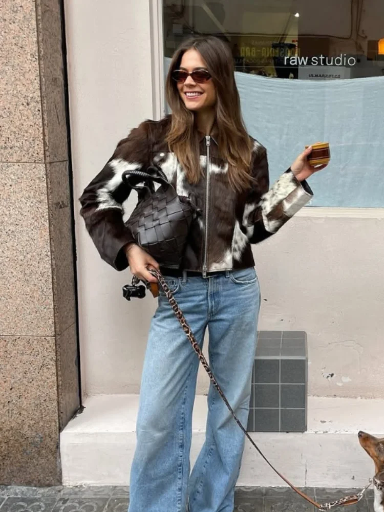 

Элегантная короткая куртка с принтом, женская ретро-молния с лацканами и длинными расклешенными рукавами, женская верхняя одежда, осень 2024, модная женская уличная одежда