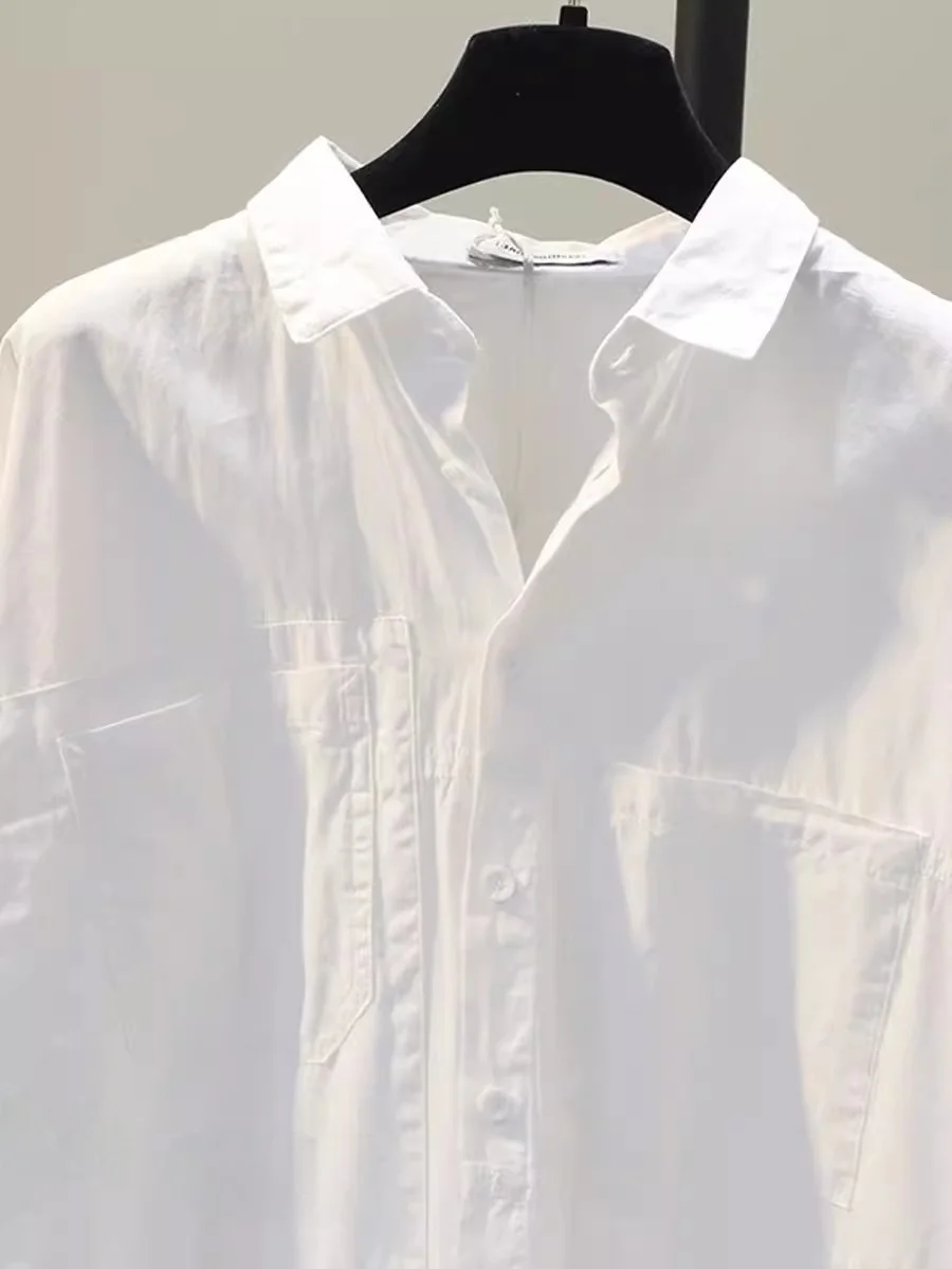 White Pure Cotton Thin irt Women's Korean Sle Top Commute Sle  Collar Long Sve Mid-Length Straight Cut irt